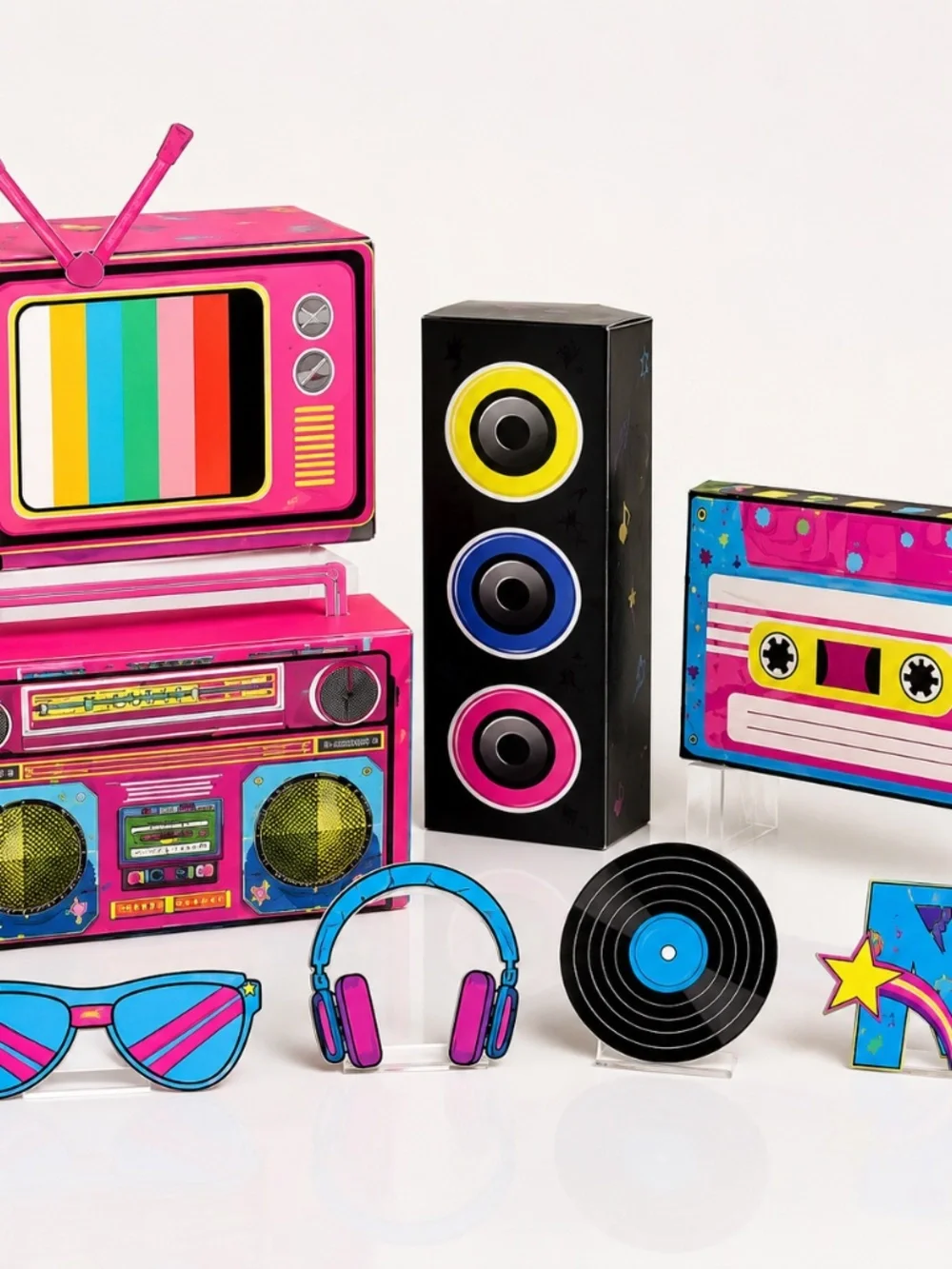 80s 90s Party Decorations 9pc Photo Booth Props + 7x5ft Backdrop New